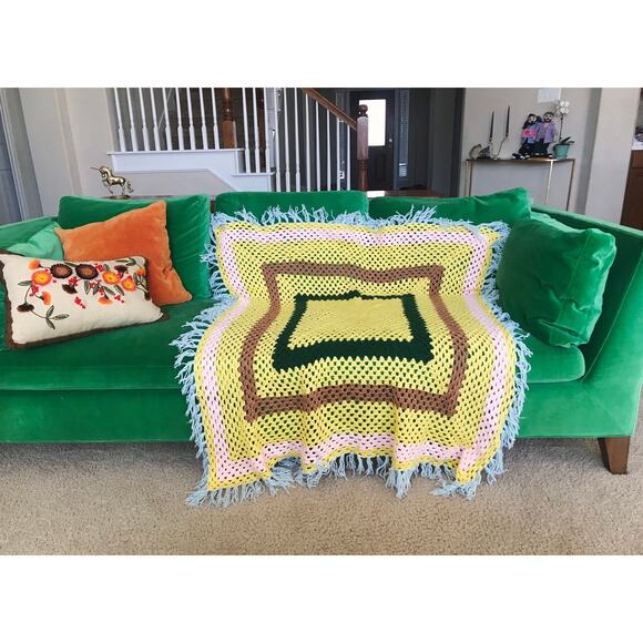 vintage 70s Yellow GIANT SQUARE Fringe Trim AFGHAN striped crochet cut out hand - Picture 1 of 8